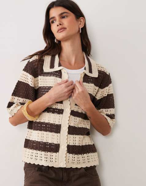 JDY krótki kardigan szydełkowy w brązowe paski - view 1
