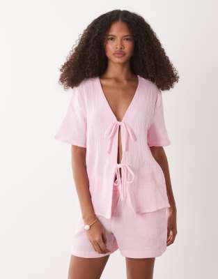 JDY - Kurzärmlige Hemdbluse aus Musselinstoff in Rosa mit Schnürung vorn, Kombiteil