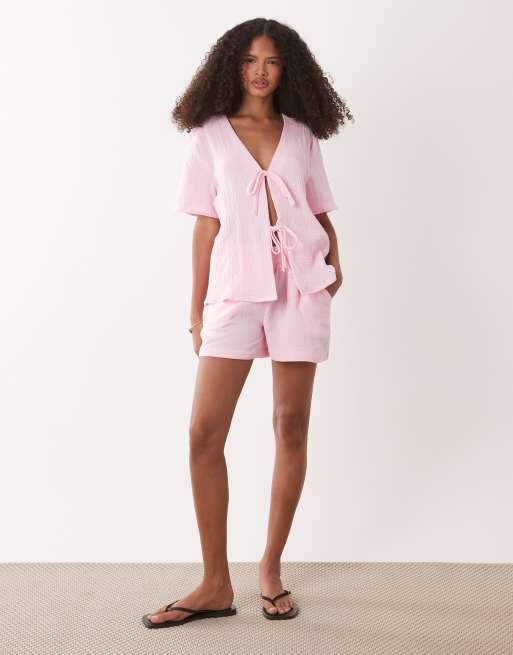 JDY – Kurzärmlige Hemdbluse aus Musselinstoff in Rosa mit Schnürung vorn, Kombiteil, 2 von 4