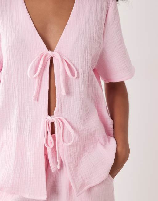 JDY – Kurzärmlige Hemdbluse aus Musselinstoff in Rosa mit Schnürung vorn, Kombiteil, 3 von 4