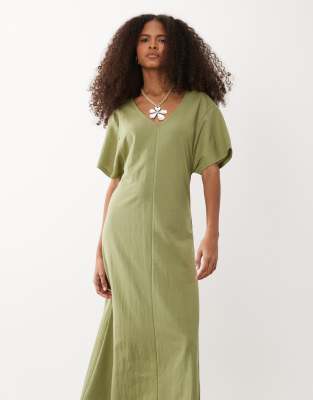 Kurzärmliges Maxikleid in Grün mit V-Ausschnitt Grün XS
