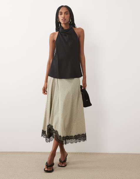 JDY lace detail asymmetric midi skirt in brown gingham - view 1