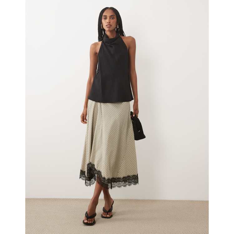 JDY lace detail asymmetric midi skirt in brown gingham | ASOS