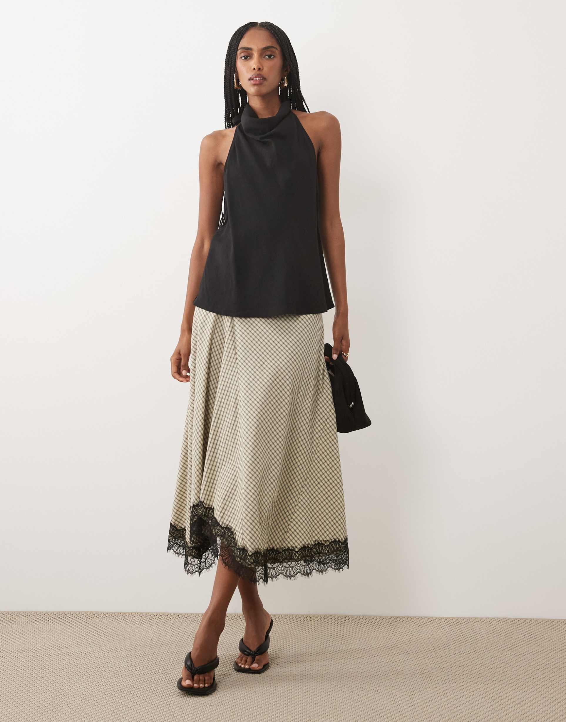 jdy lace detail asymmetric midi skirt in brown gingham