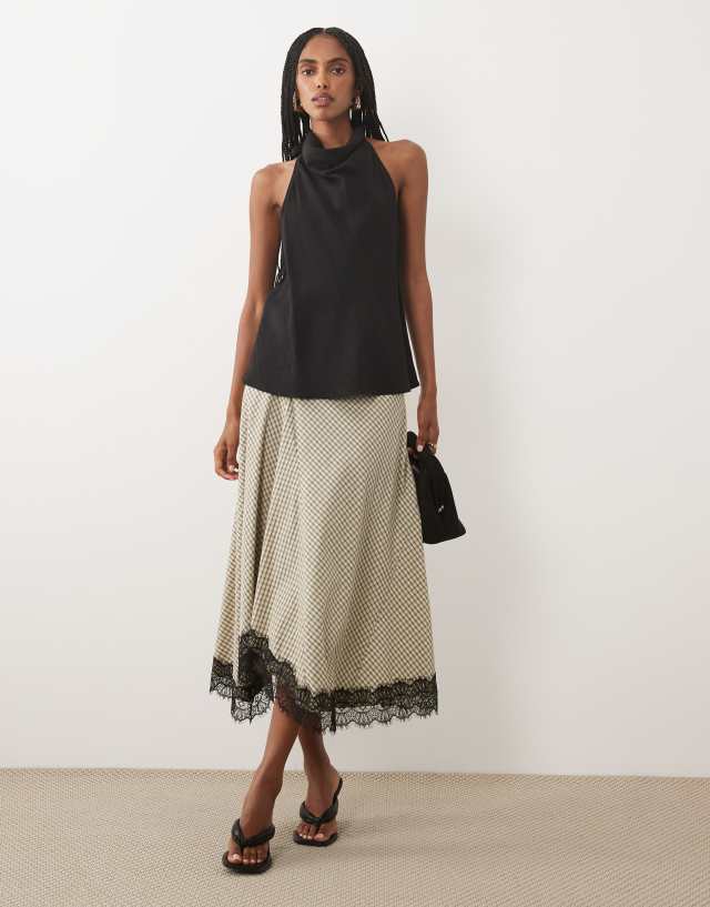 JDY lace detail asymmetric midi skirt in brown gingham | ASOS