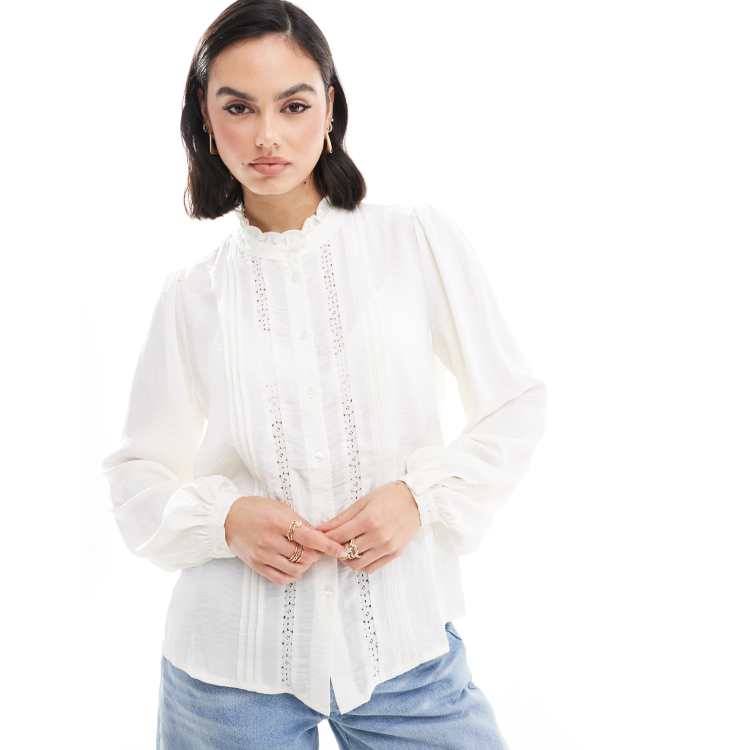 JDY lace detail blouse in cream ASOS