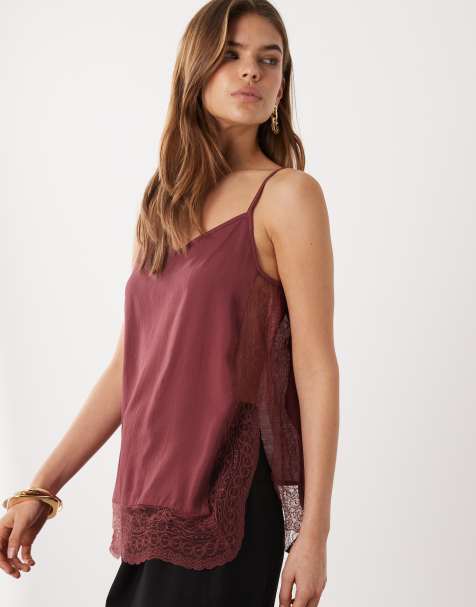 JDY lace detail cami top in dark red - view 1