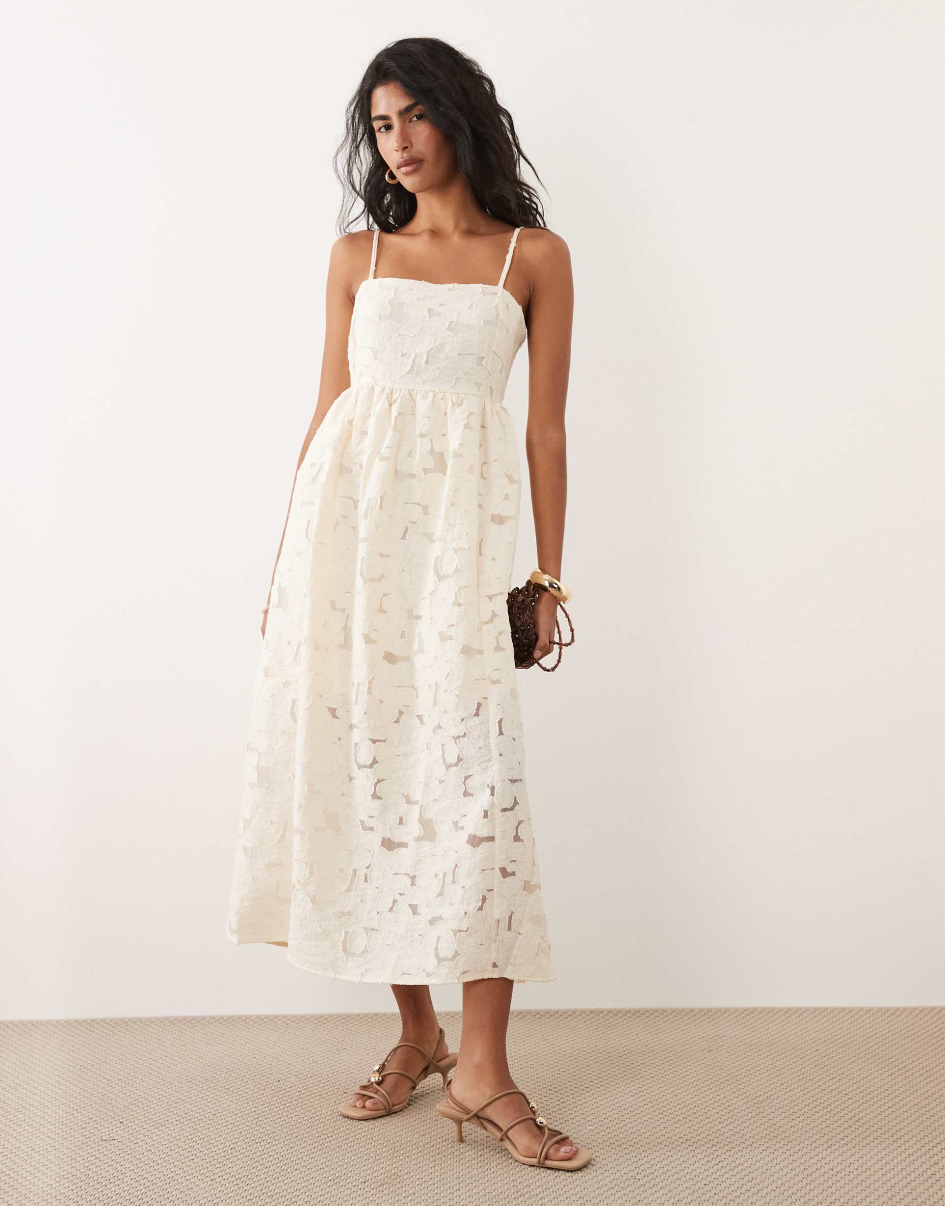 jdy lace detail midi dress in cream