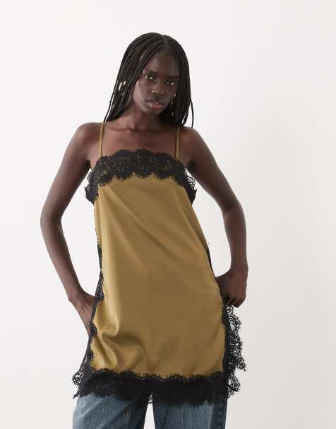 JDY lace details satin cami top in green olive