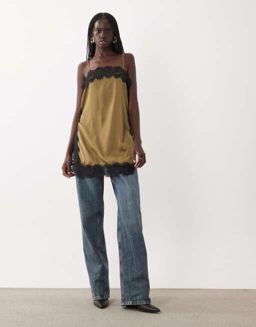 JDY lace details satin cami top in green olive, 2 of 4