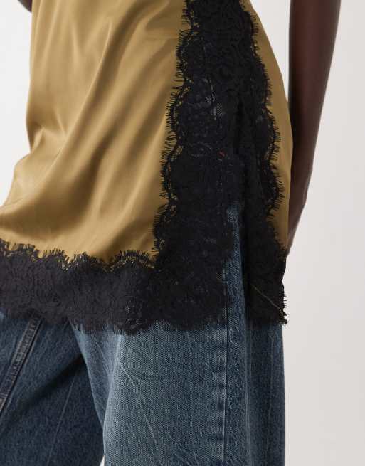 JDY lace details satin cami top in green olive, 3 of 4