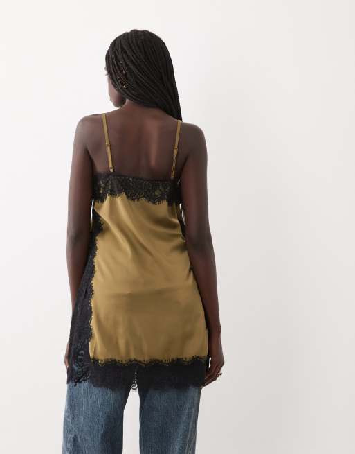 JDY lace details satin cami top in green olive, 4 of 4