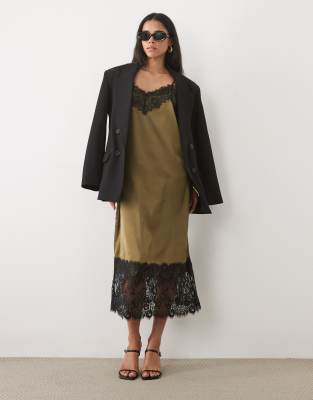 Jdy Lace Details Satin Midi Dress In Brown