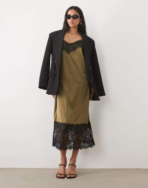 JDY lace details satin midi dress in green olive - view 1