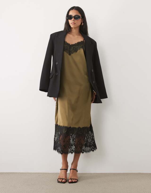 JDY lace details satin midi dress in green olive