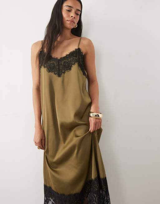 JDY lace details satin midi dress in green olive, 2 of 4