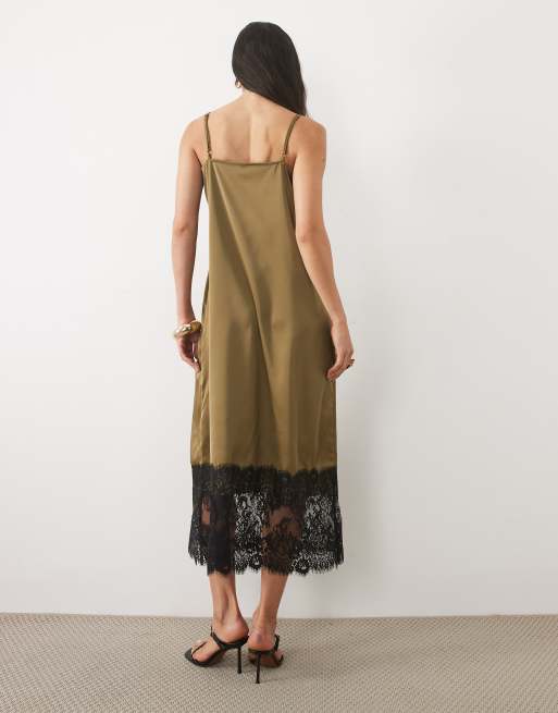 JDY lace details satin midi dress in green olive, 3 of 4