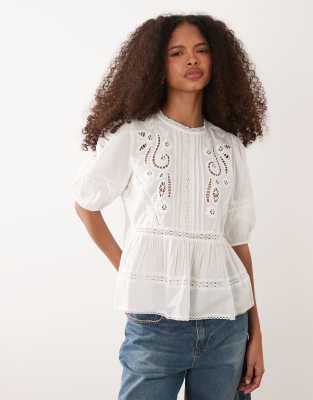 Jdy Lace Details Short Sleeve Blouse In White