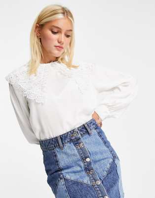 JDY lace prairie collar shirt in white