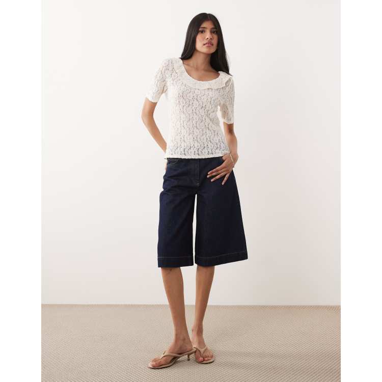 JDY lace top with frill details in cream | ASOS