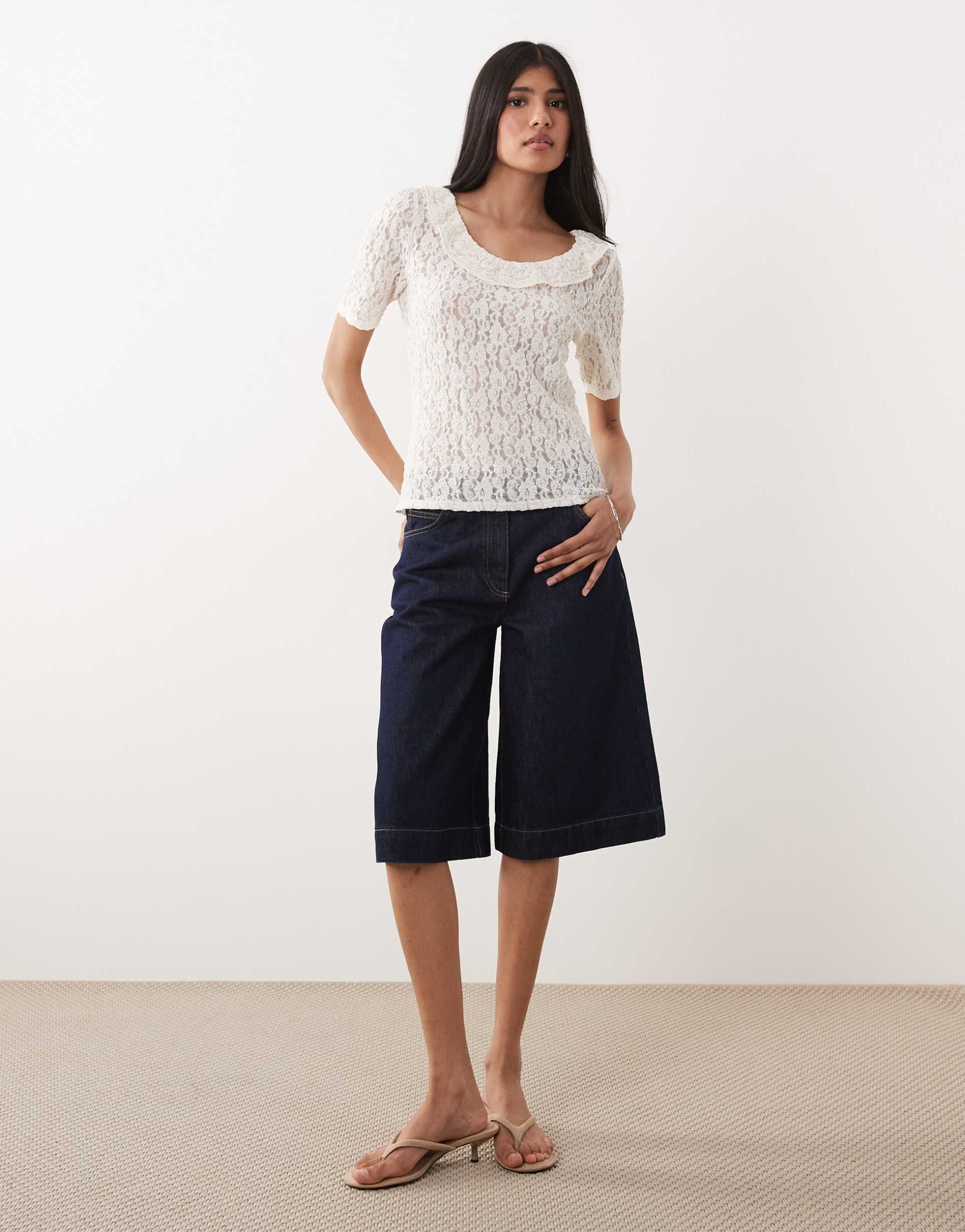 jdy lace top with frill details in cream