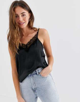 JDY lace trim cami top in black