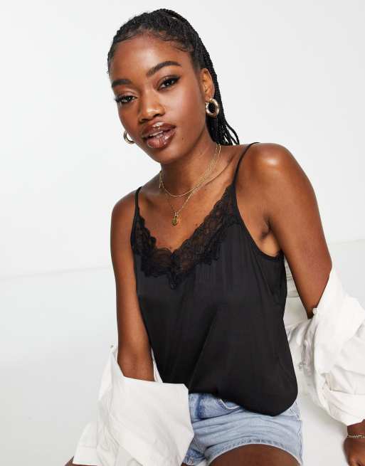 JDY lace trim cami top in black