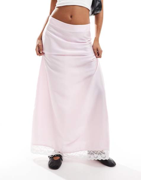 JDY lace trim maxi skirt in pink - view 1