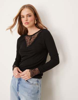 JDY lace trim ribbed top in black