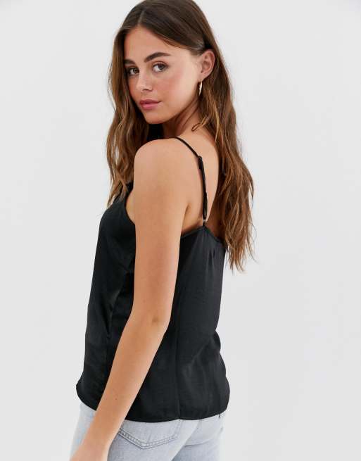 JDY lace trim satin cami top in black