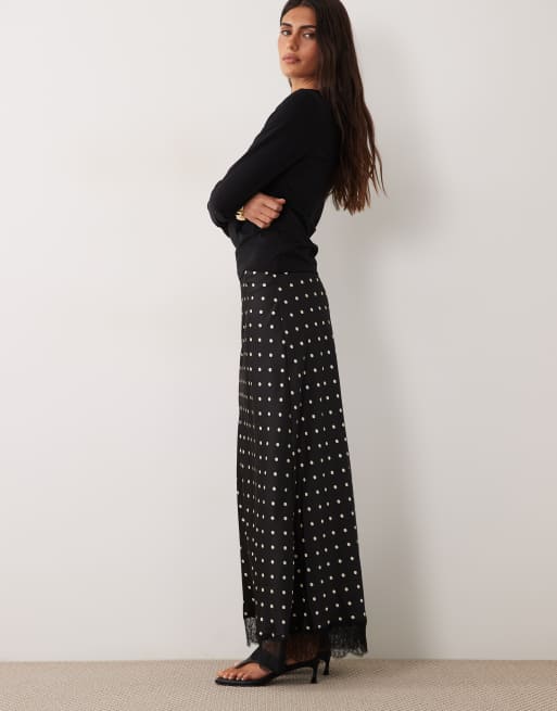 JDY lace trim satin maxi skirt in black polka dots, 2 of 5