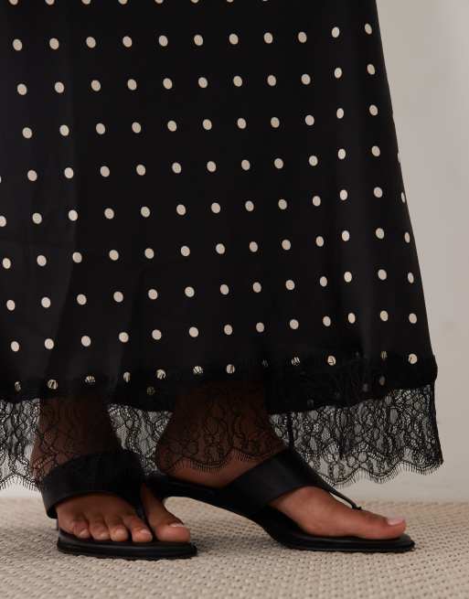 JDY lace trim satin maxi skirt in black polka dots, 3 of 5