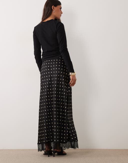 JDY lace trim satin maxi skirt in black polka dots, 4 of 5