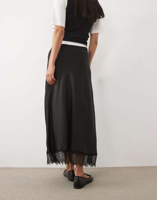 JDY lace trim satin midi skirt in black, 4 of 5