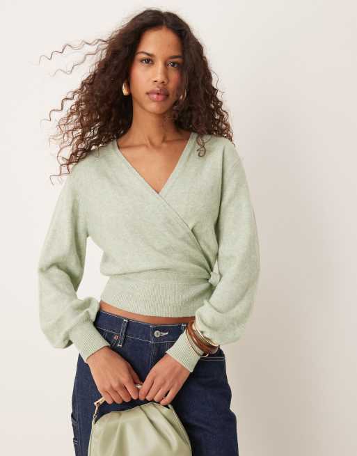 JDY – Langärmlige Strickjacke in Hellgrün mit Wickeldesign