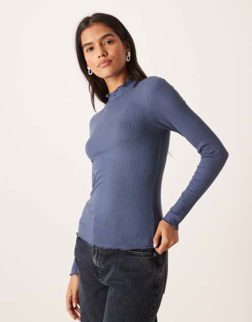 JDY – Langärmliges Oberteil in Vintage-Blau mit Rollsaum