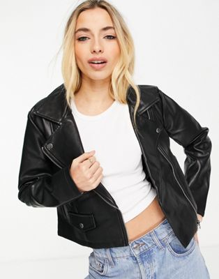 JDY faux leather biker jacket in black