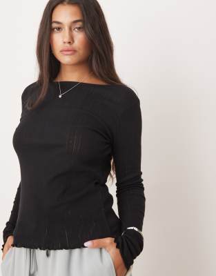 JDY lettuce edge long sleeve boatneck top in black - view 1
