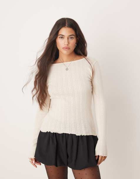 JDY lettuce edge long sleeve boatneck top in white - view 1