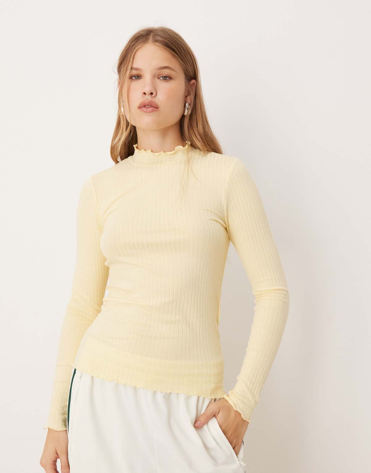 JDY lettuce edge long sleeve top in buttermilk