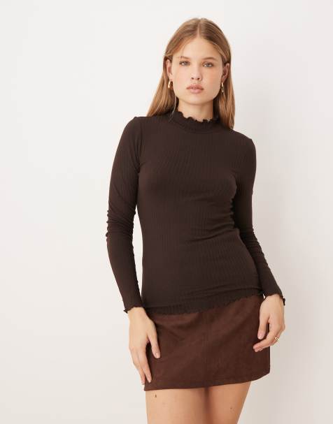 JDY lettuce edge long sleeve top in dark brown - view 1