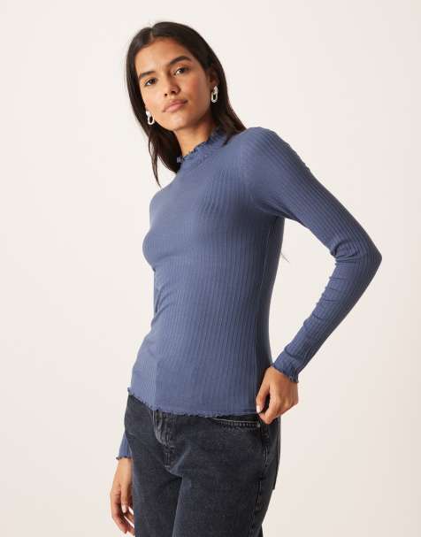 JDY lettuce edge long sleeve top in vintage blue - view 1