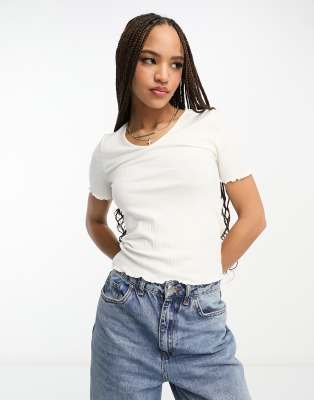 Jdy Lettuce Edge Ribbed T-shirt In White