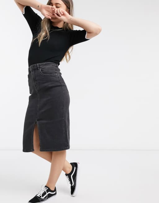 JDY - Lightning - Denim midirok in zwart