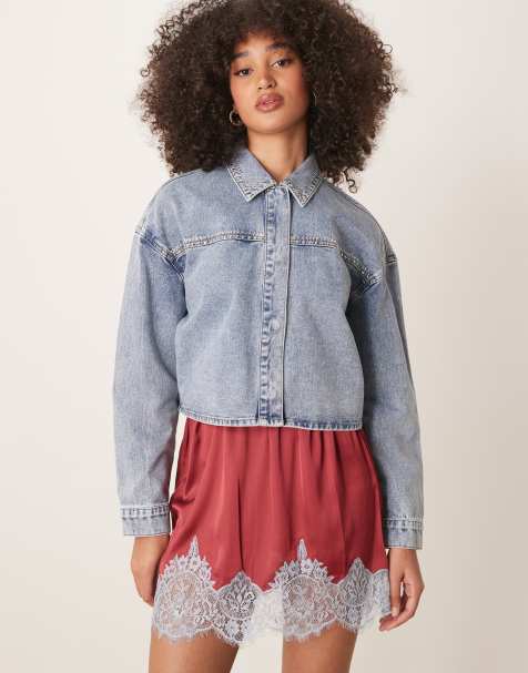 JDY lightweight cropped denim jacket with studs in light wash blue - view 1