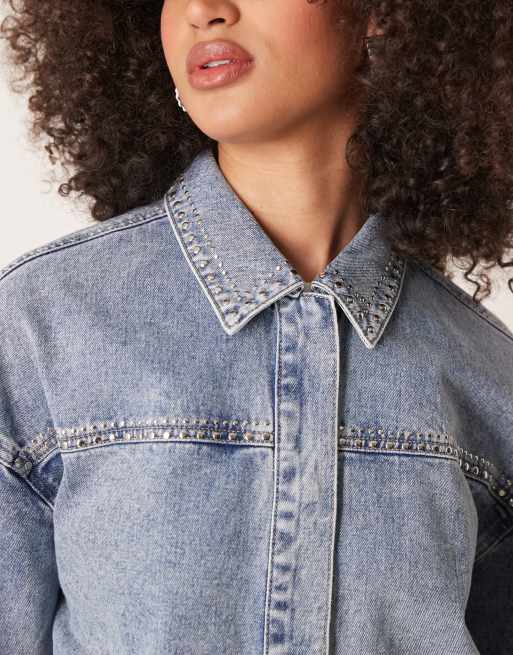 JDY lightweight cropped denim jacket with studs in light wash blue, 4 of 4