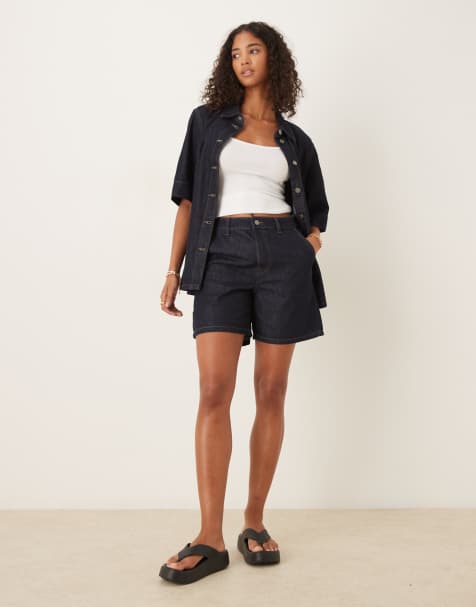 JDY lightweight loose fit shorts co-ord in dark blue denim - view 1