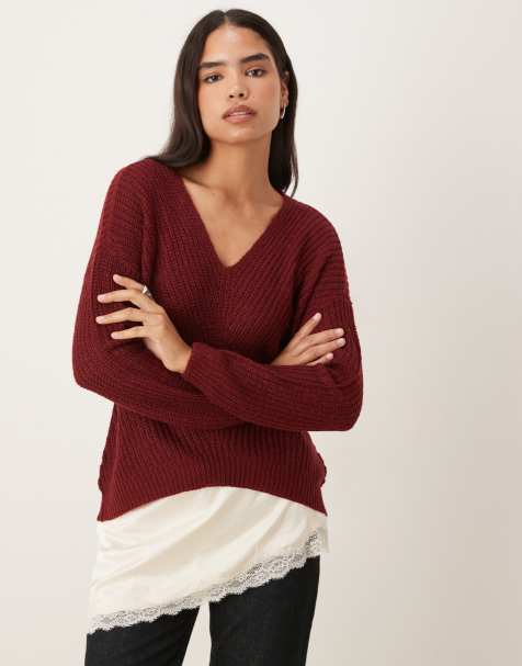 JDY lightweight v neck jumper in burgundy - view 1