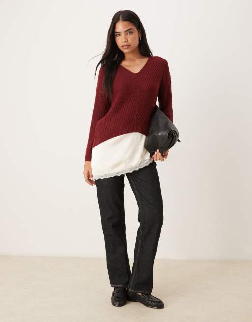 JDY lightweight v neck jumper in burgundy, 2 of 4