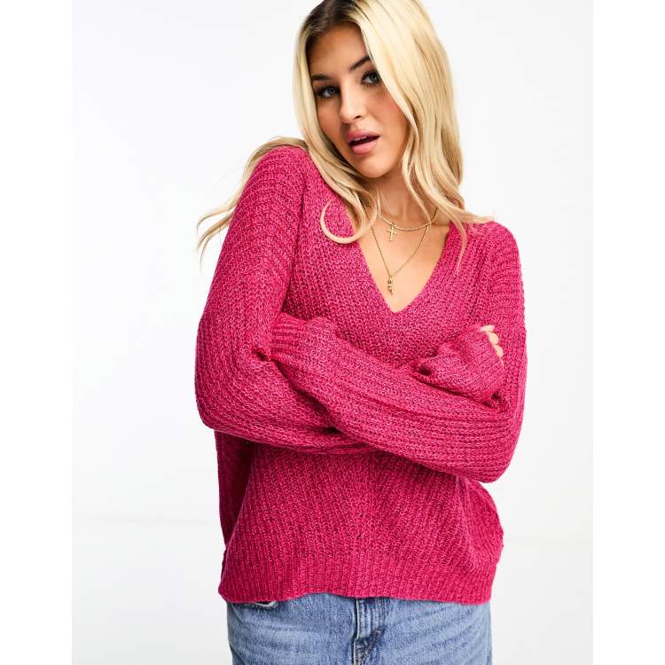 Only v neck ribbed jumper in pale pink marl